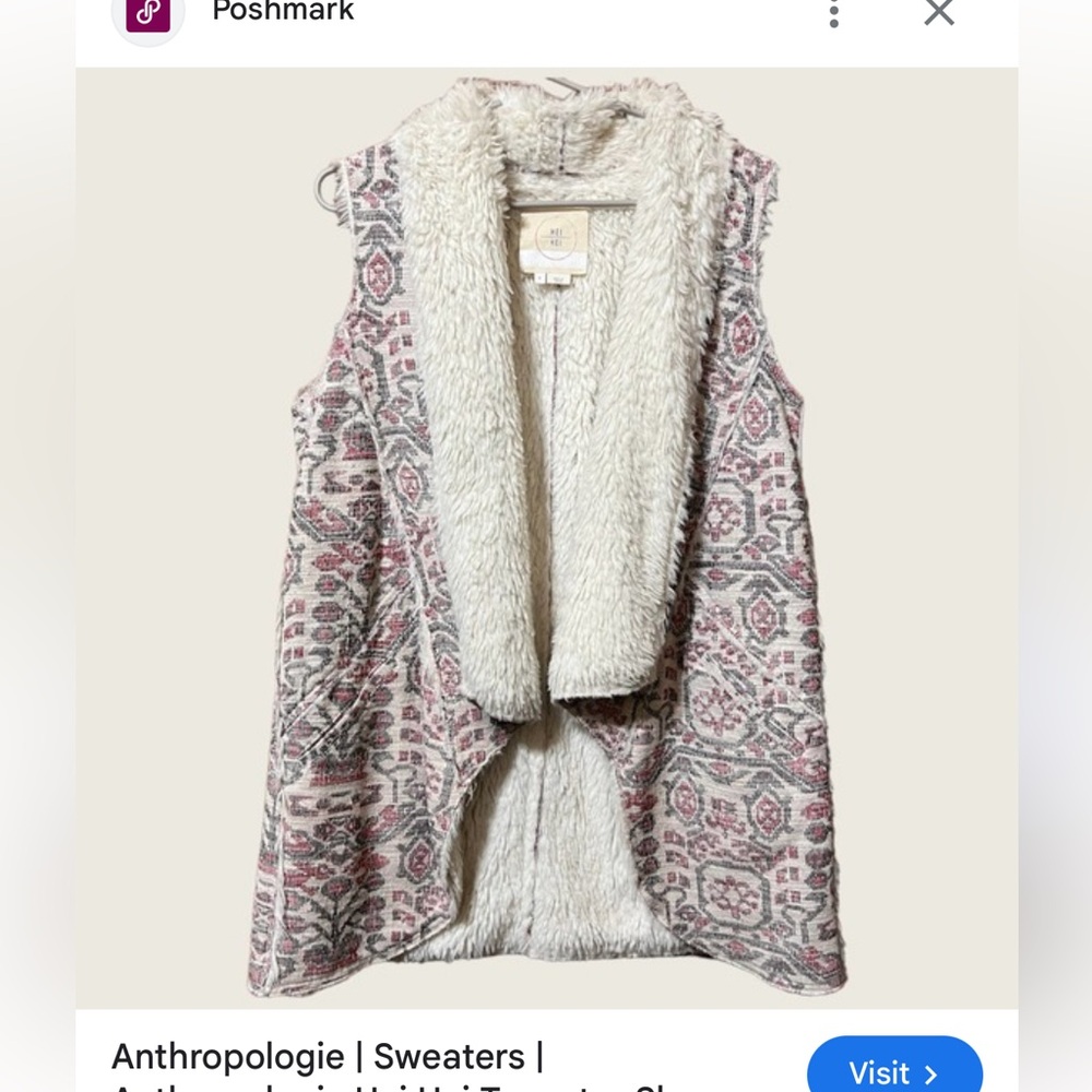 Anthropologie Cream and Red Patterned Vest